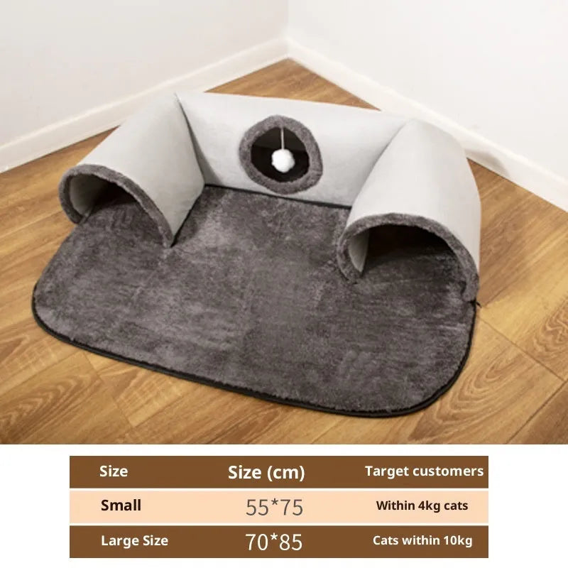 U-shaped cat tunnel channel rolling dragon bed in gray cloth with removable washable cover, large size