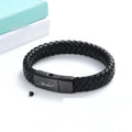 Black stainless steel memorial bracelet with leather weaving and engraved text