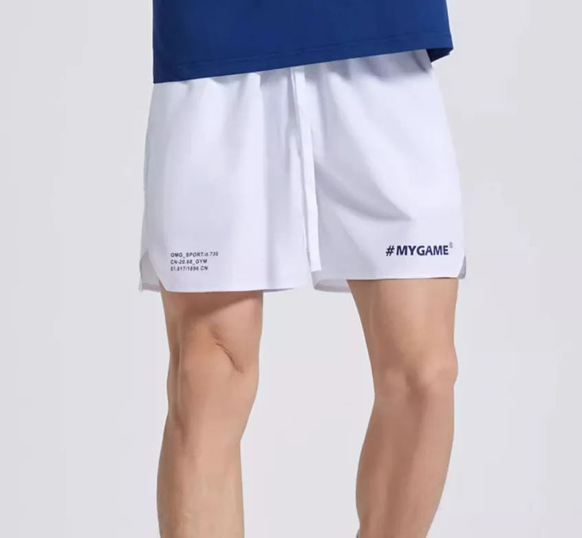 Men's navy blue training fitness shorts made from polyester spandex fabric, shown on a model.