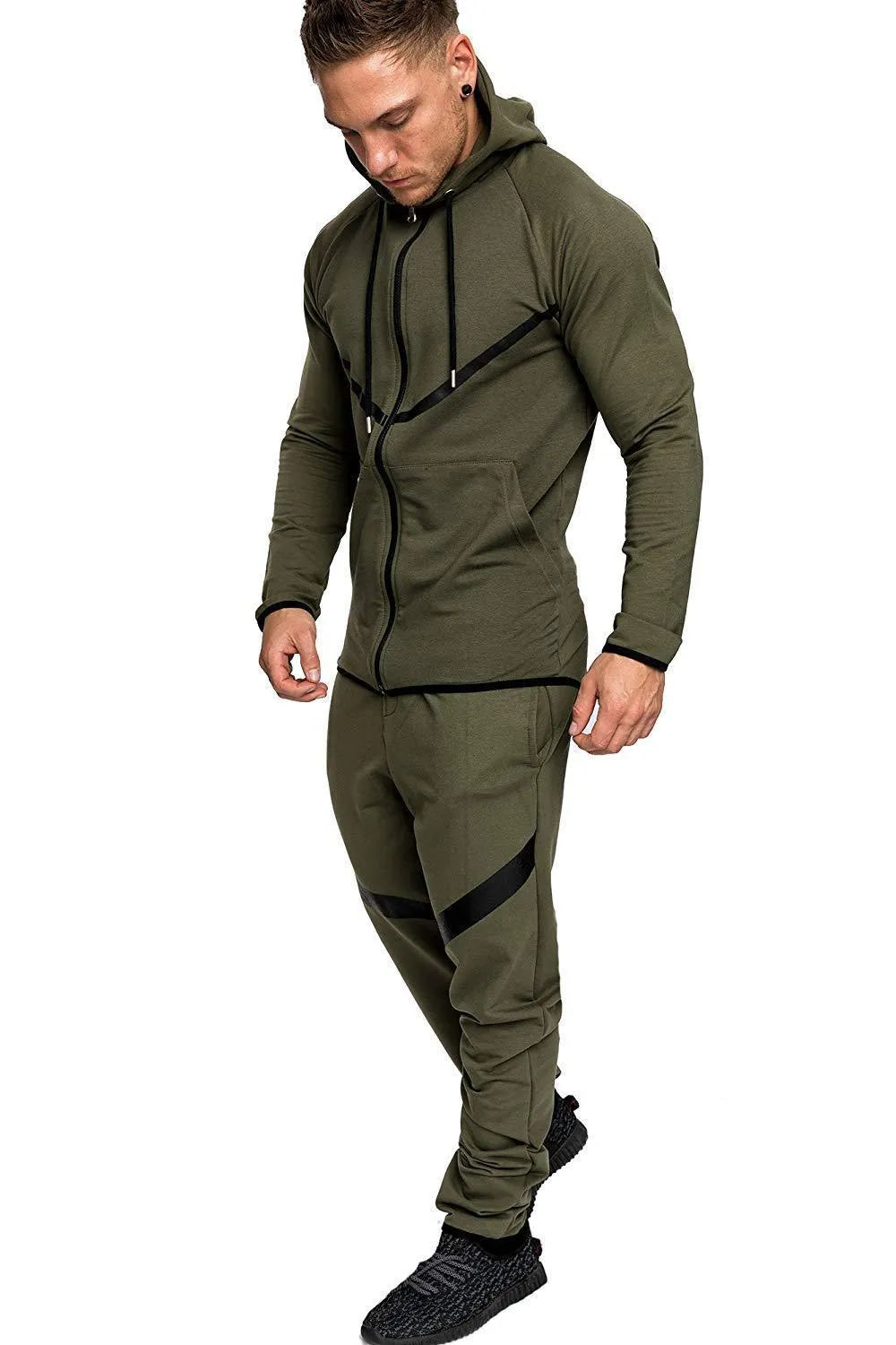 Men's cotton knit hooded tracksuit set with snowflake pattern, top and trousers, black dark grey army green