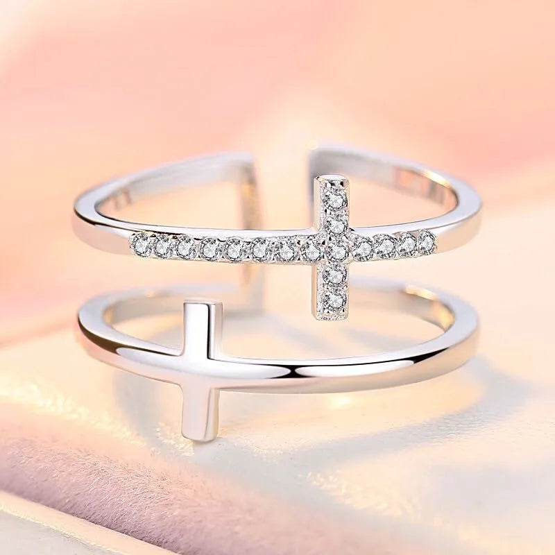 Double cross miniature copper ring with zircon inlay and adjustable open band, gold finish