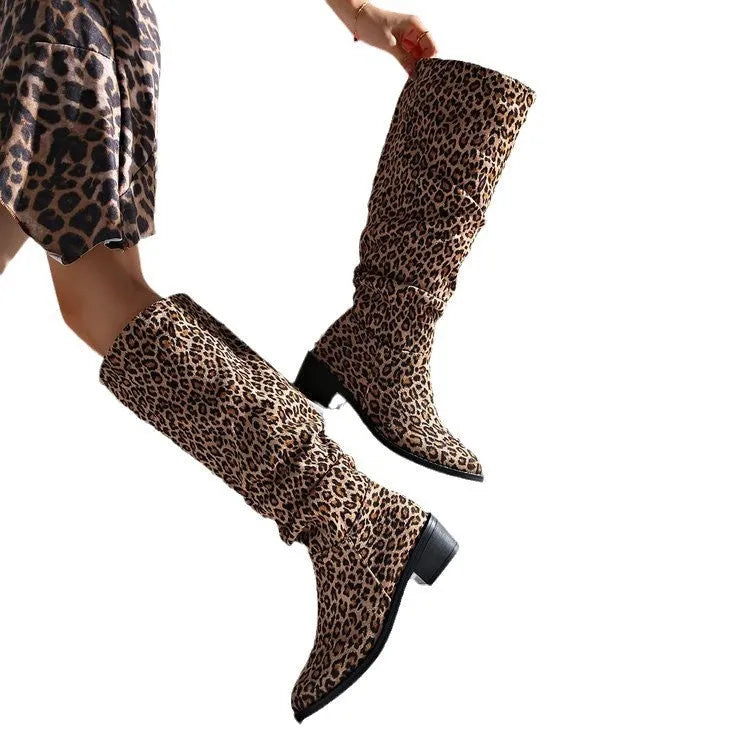 Brown leopard print women's boots with square toe and chunky block heels