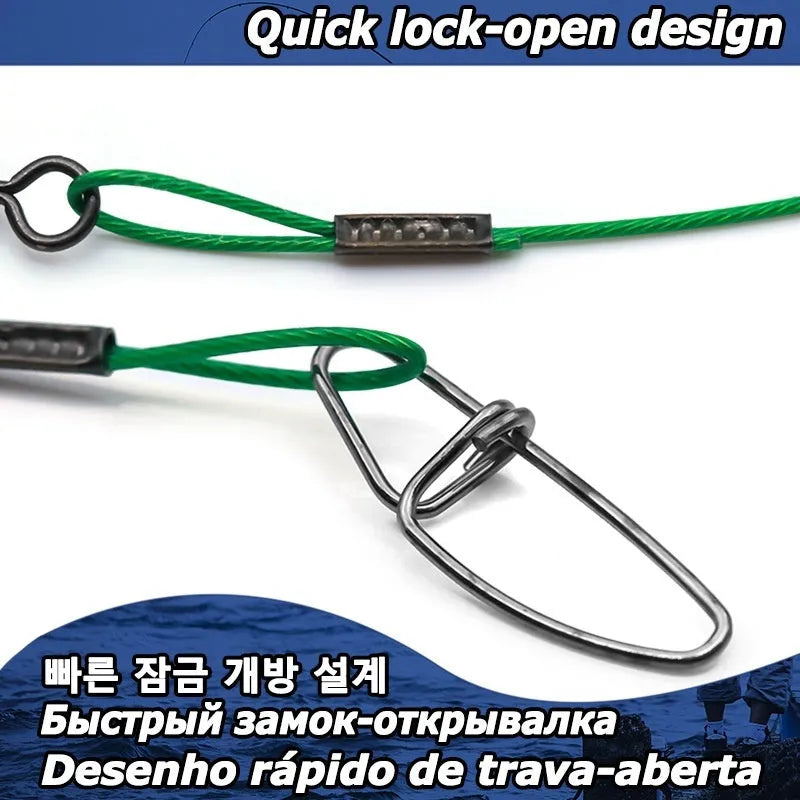 Steel wire double buckle fishing pin in green, black, red colours for predator fishing