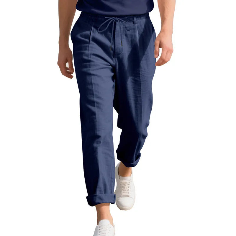 Men's linen casual trousers in army green with drawstring waist and straight leg design