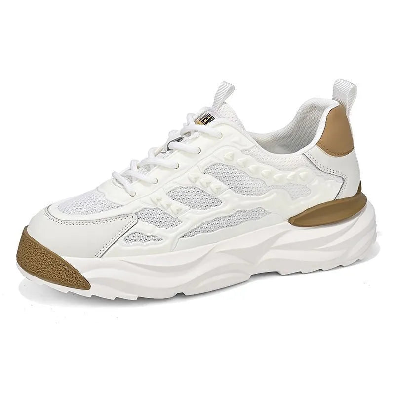 Men's breathable mesh trainers in solid white or black with round toe and PU upper for casual leisure wear
