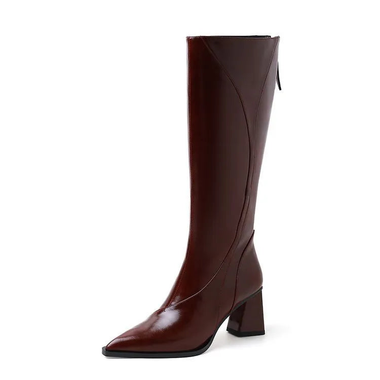 Women's retro Maillard tube high heel riding boots in black cowhide with waterproof platform sole