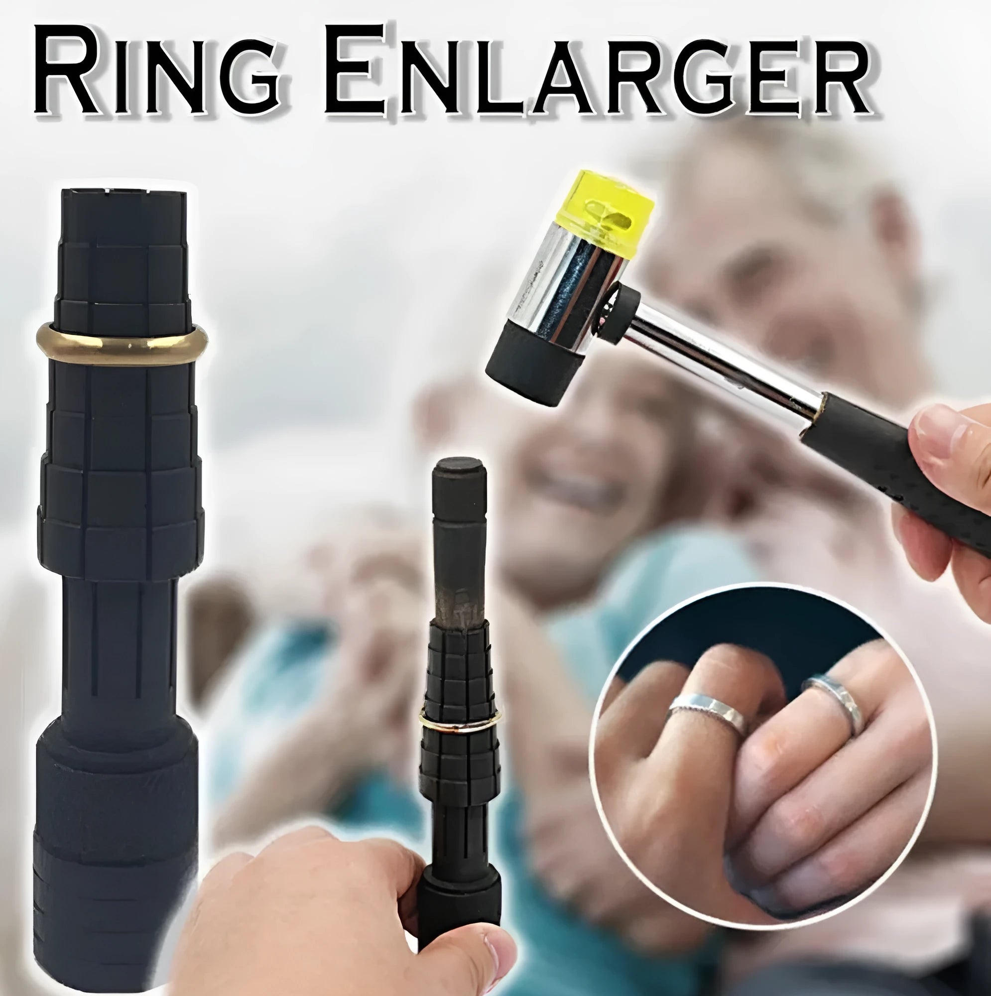 Ring expansion size adjustment tools including circular stretcher and rubber hammer