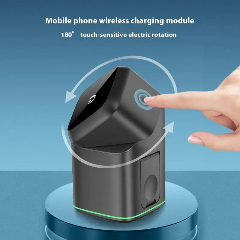 Black magnetic wireless phone charging stand showing 180-degree rotation with Type-C cable