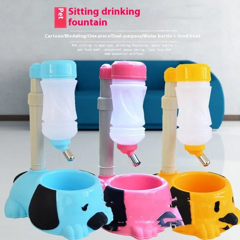 Pink adjustable rod lifting pet drinking bowl on a stand