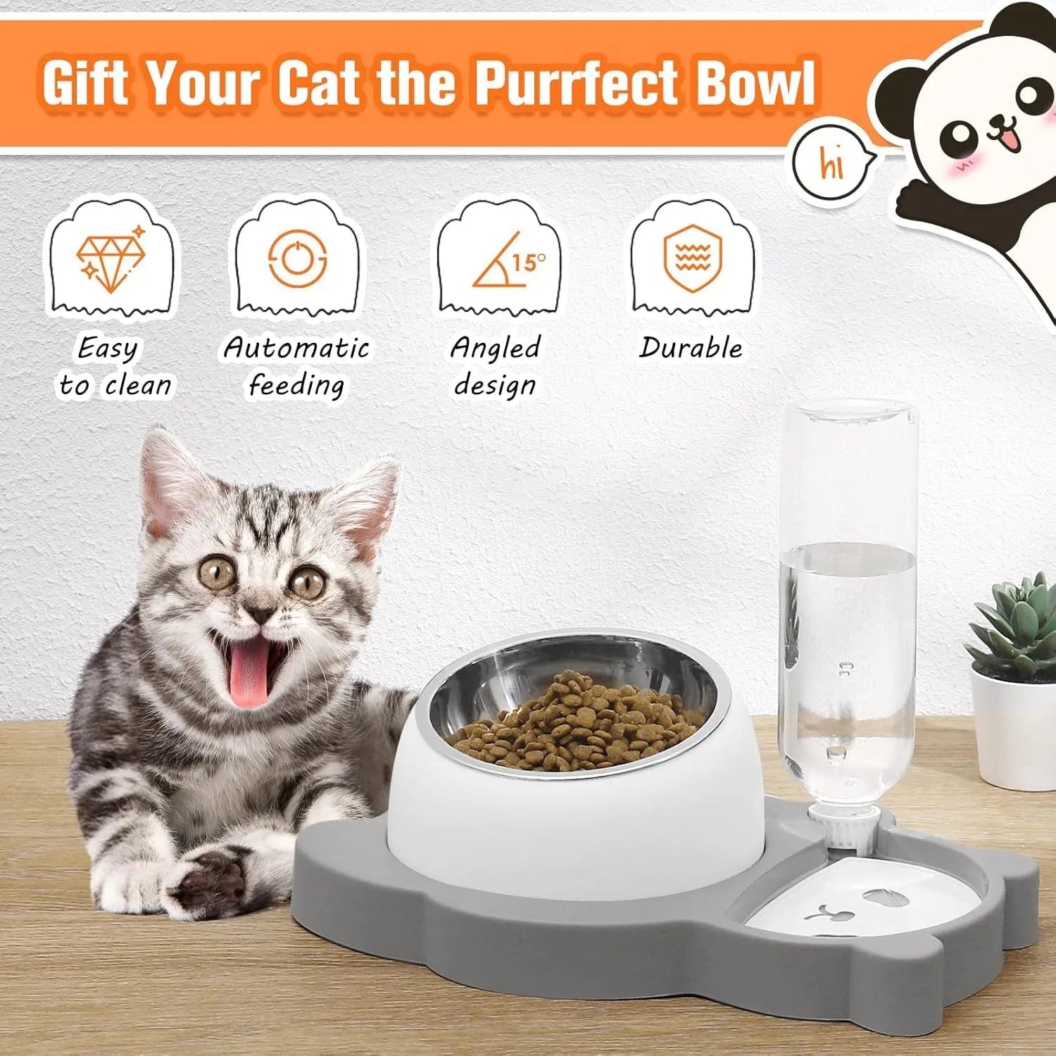 Grey tilted elevated pet bowl set with automatic water dispenser bottle and panda design