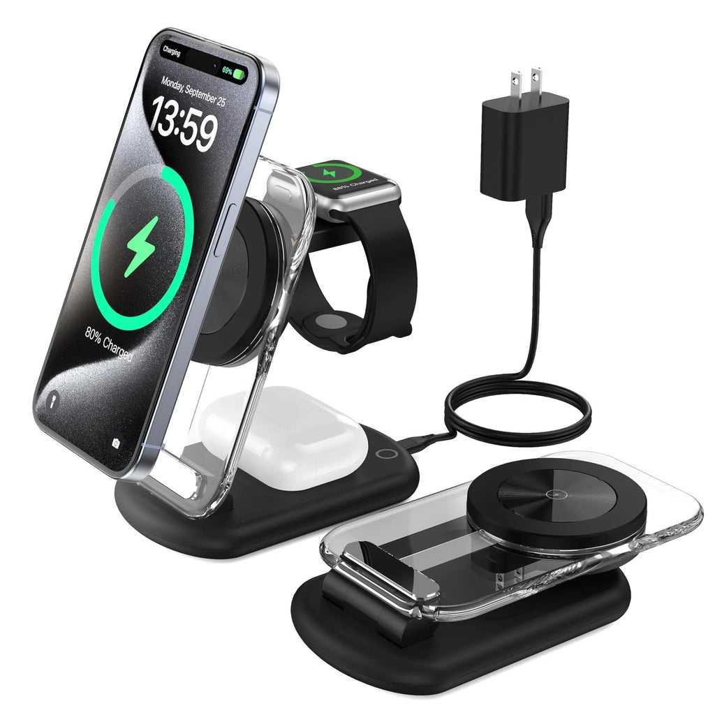 Transparent folding magnetic wireless charger in black colour showing three charging areas