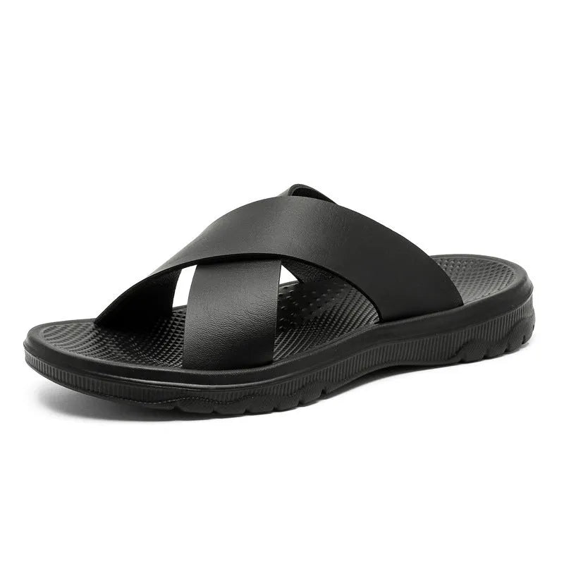 Men's leather cross beach slippers in black with double-sided leather upper and EVA sole