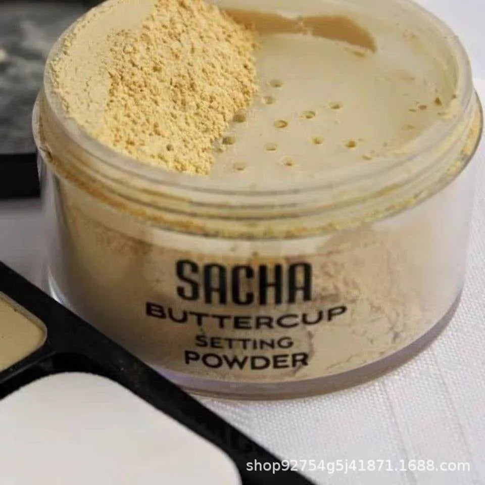 Translucent loose setting powder in a 35ml plastic container with sifter lid