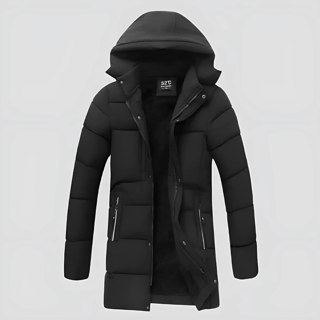 Men's thick mid-length hooded cotton jacket in corduroy fabric, wool-blend, side view with drawstring waist