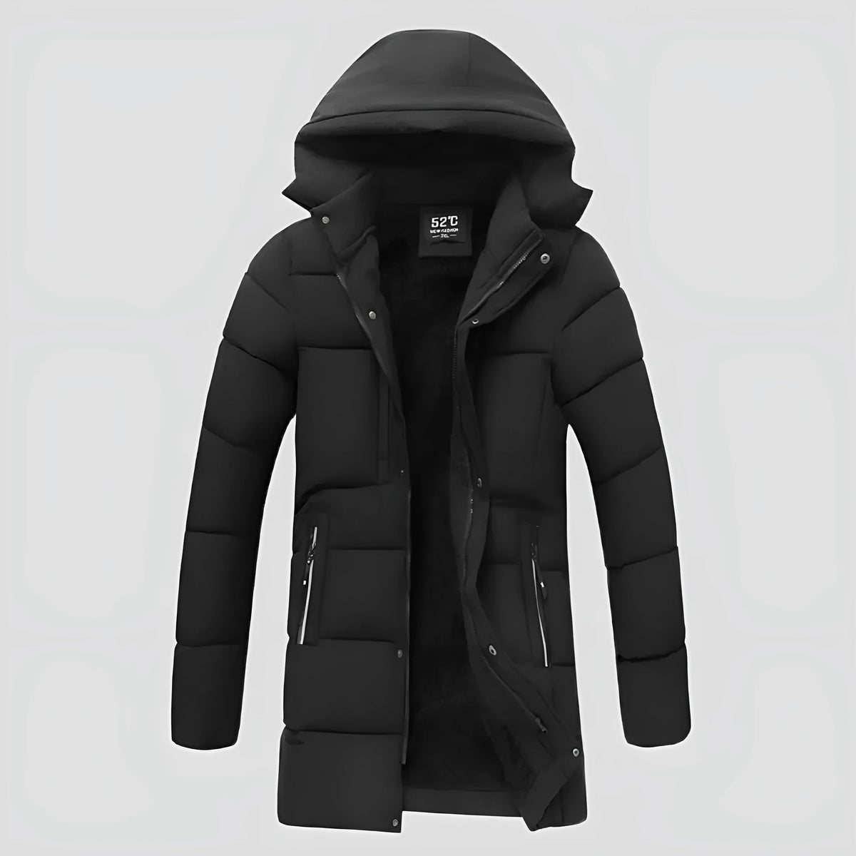 Men's thick mid-length hooded cotton jacket in corduroy fabric, wool-blend, side view with drawstring waist