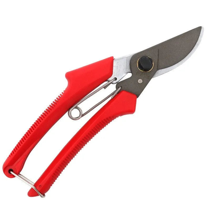 Red-handled SK5 steel pruning scissors 200mm total length 50mm blade on white background