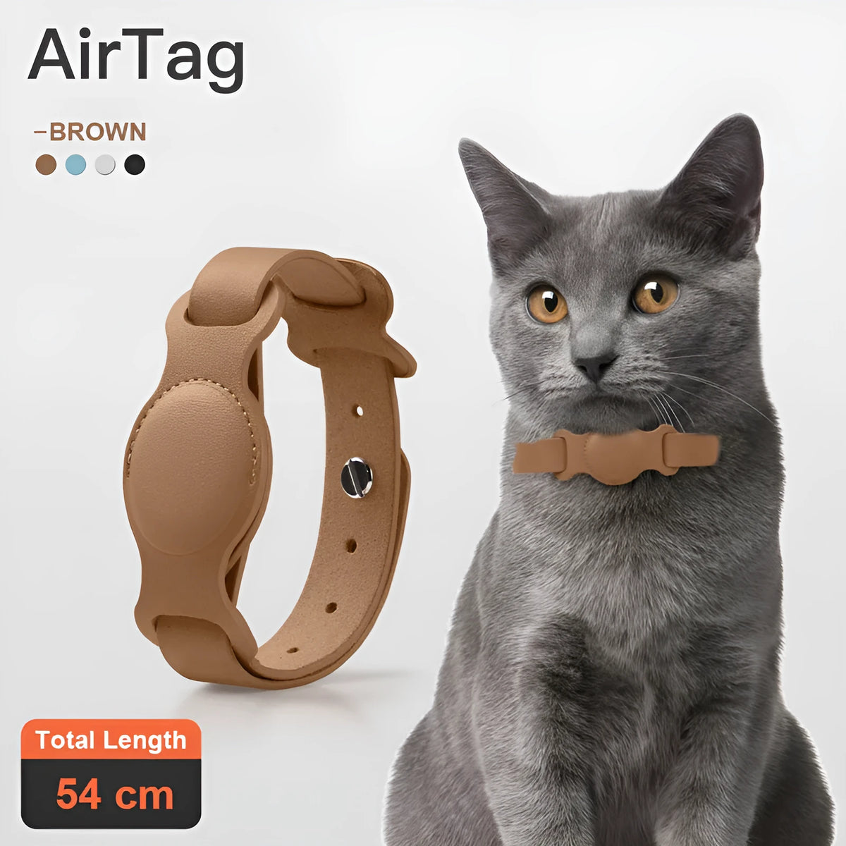 Leather pet collar case for AirTag, adjustable 40-77cm, fog blue colour, on a light background