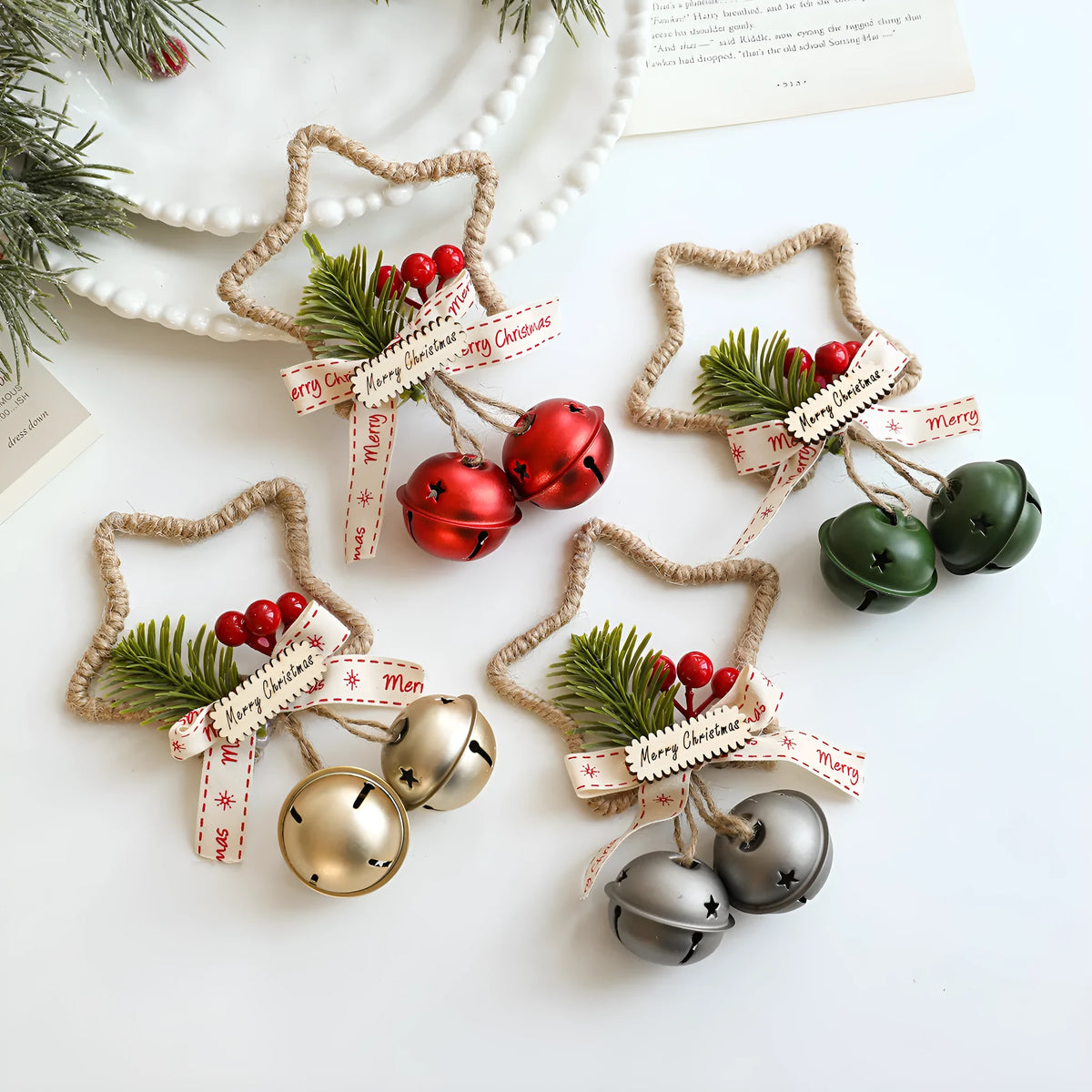 Metal bell Christmas decoration in gold, green, red or silver, iron hanging ornament for festive display