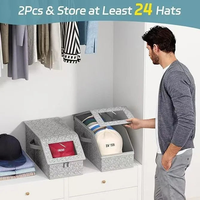 Grey foldable woven fabric storage box with lid, shown with dimensions 42cm by 22cm by 17cm.