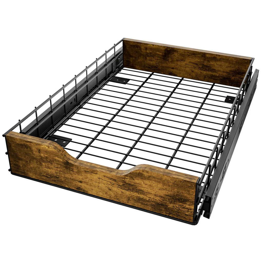 Black wood and iron pull basket storage rack with drawer-style organisation