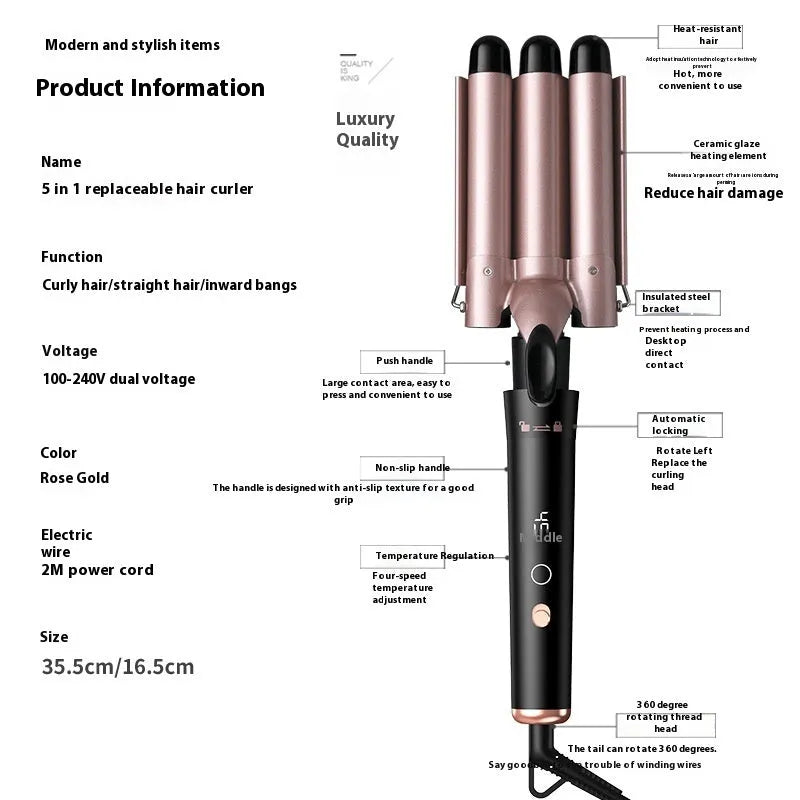 Rose gold five-in-one tube replacement hair curler with LCD screen display and protective gloves