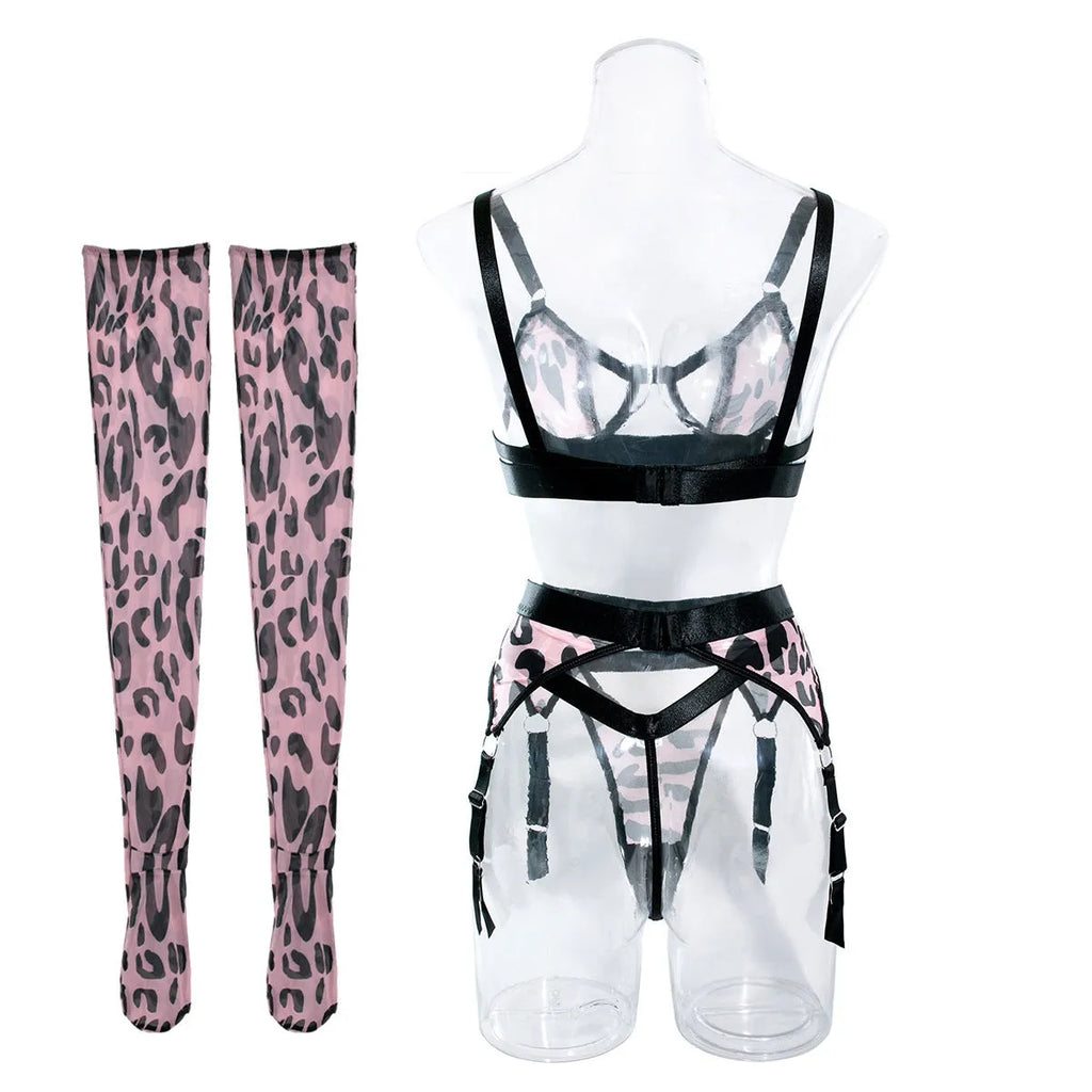 Wild leopard print mesh hollow lingerie set with fixed strap, 1/2 cup, and matching stockings, pink leopard print