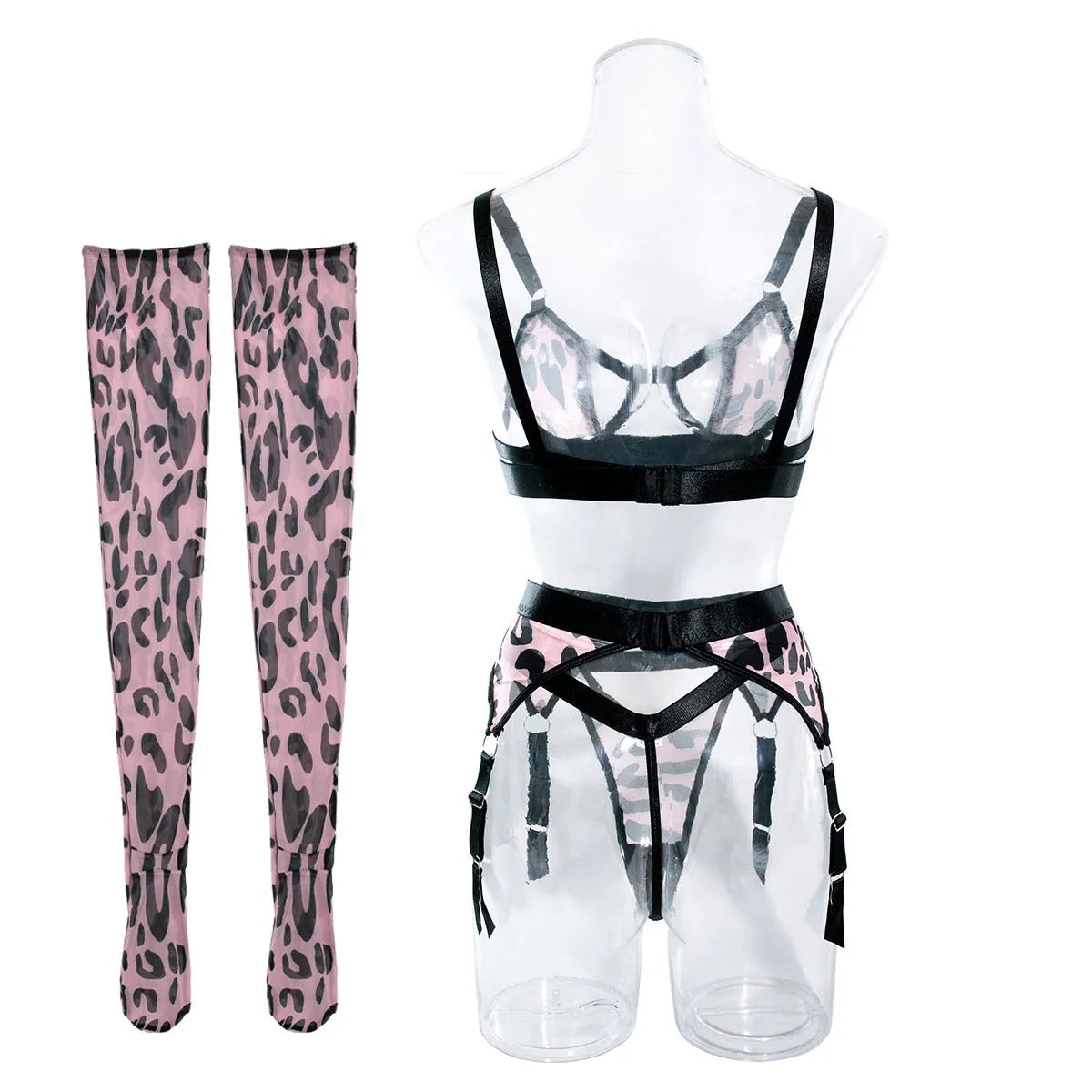 Wild leopard print mesh hollow lingerie set with fixed strap, 1/2 cup, and matching stockings, pink leopard print