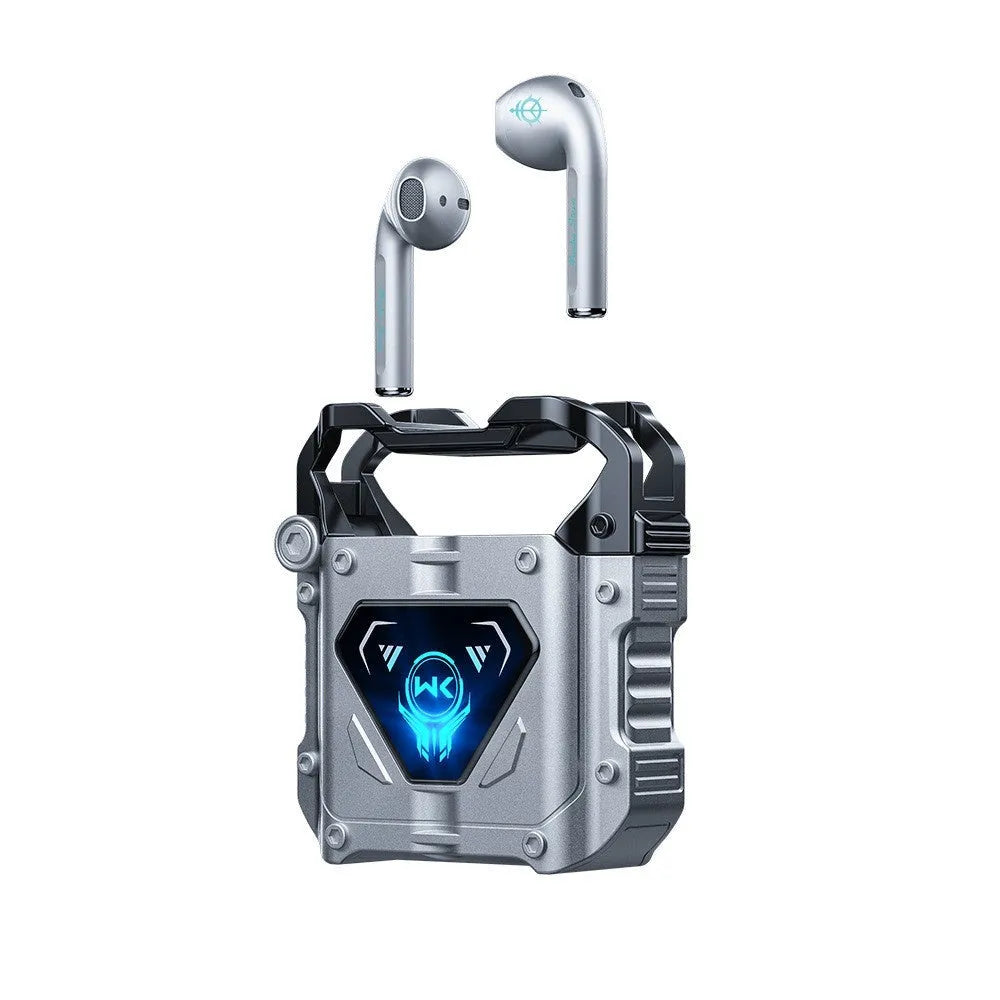 Silver in-ear Bluetooth headset with zinc alloy body and breathing light