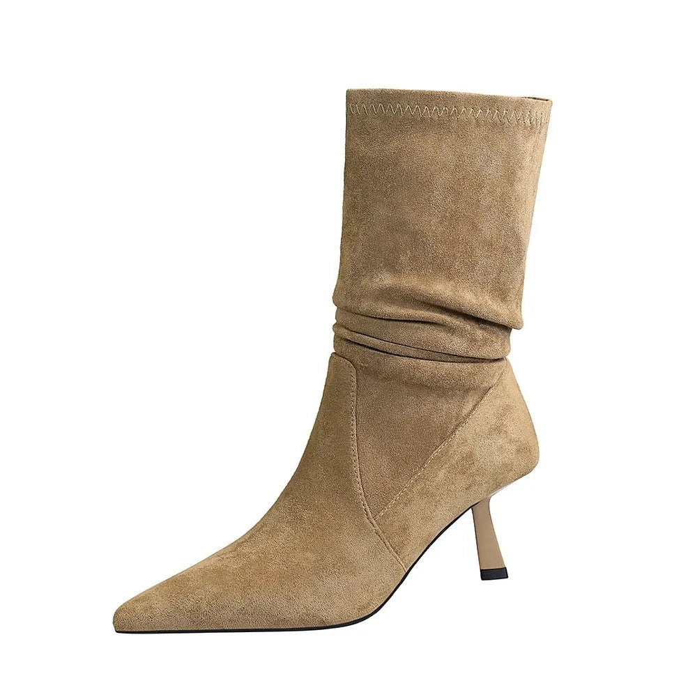 Mid-calf pointed toe stiletto heel boots in dark brown with elastic pleated pile style and sewing line detail.