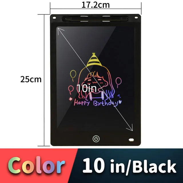 LCD drawing tablet in multiple colours and sizes with plastic stylus on screen.