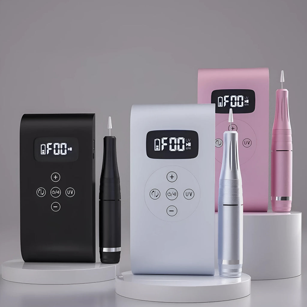 Battery nail polisher with stainless steel body, six bits, and sanding belt on white background