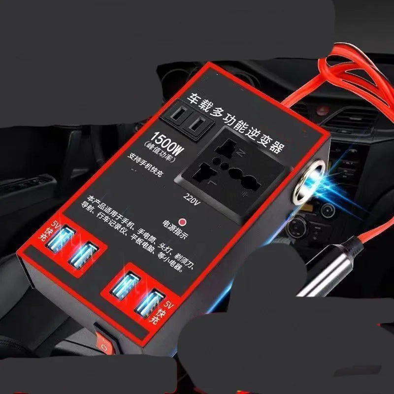 Black automotive power converter with 220V socket and USB ports for car cigarette lighter