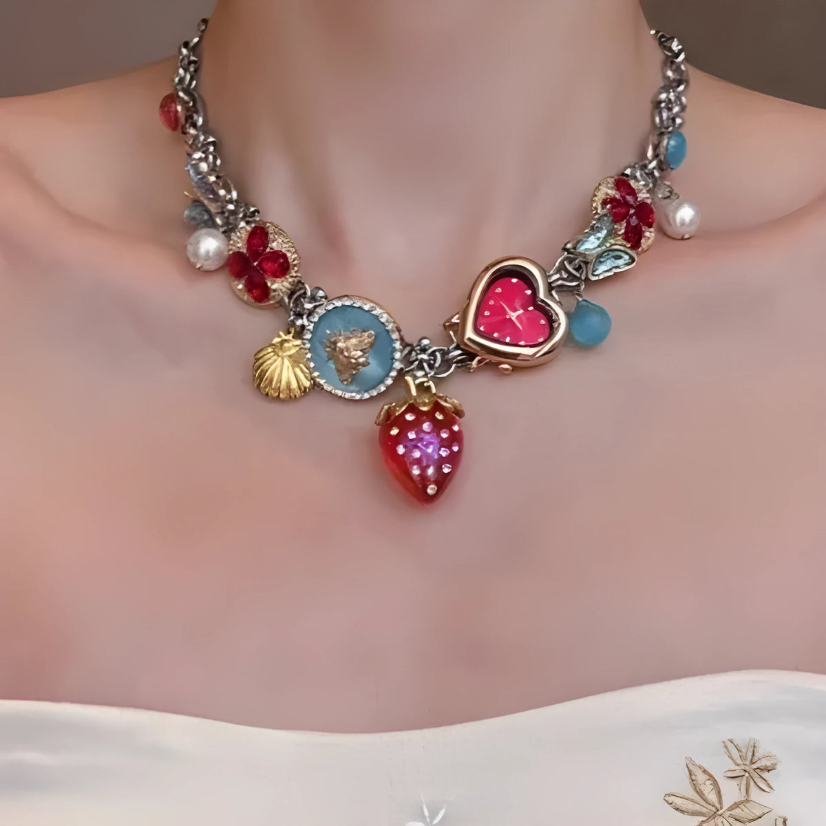 Red strawberry clock butterfly titanium steel necklace with pendant motifs on a single chain