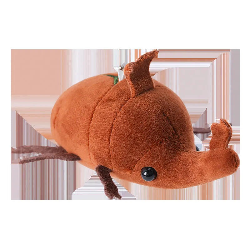 Small black rhinoceros beetle plush doll pendant with horns, 10cm tall, on a white background.