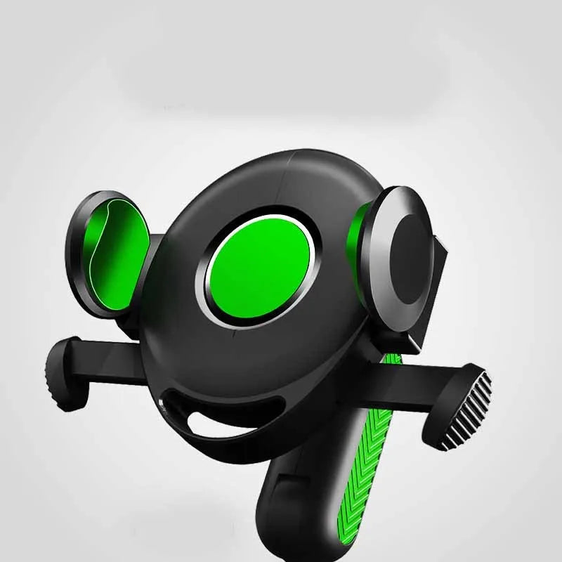Black multifunctional car phone holder clipped onto a car sun visor, holding a smartphone.