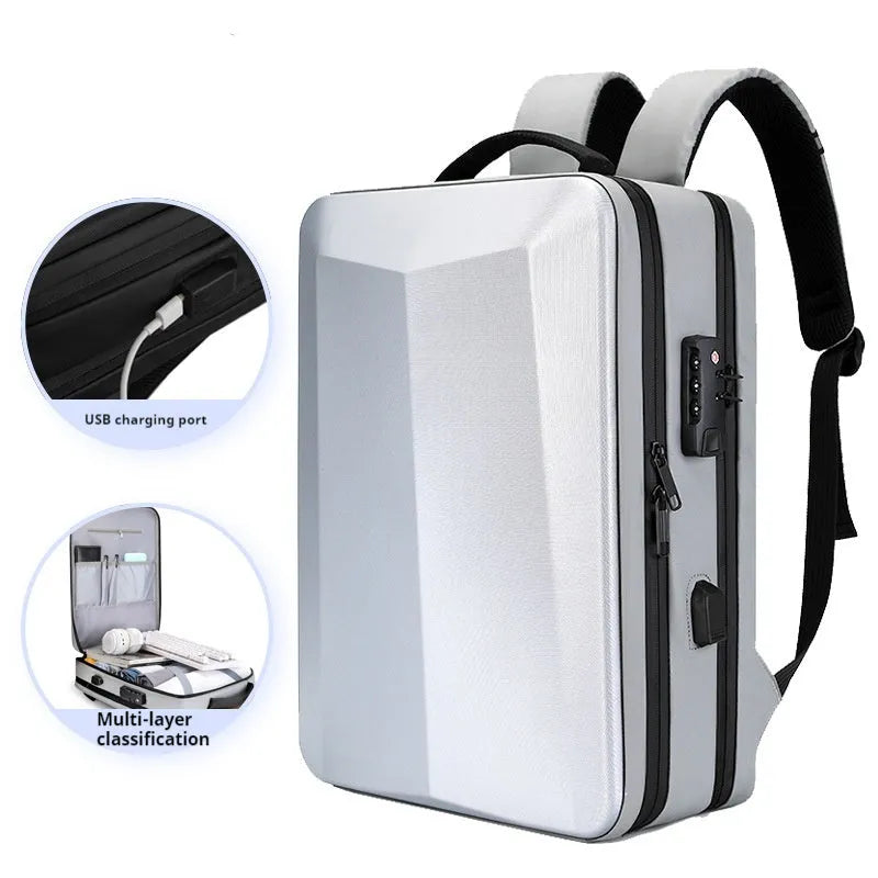 Men's black and silver white business backpack in ABS PC and Oxford cloth with curved shoulder straps