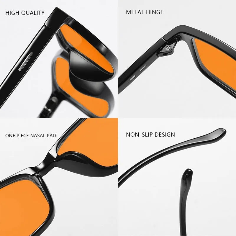 Orange anti-blue light glasses on a colour box, showing one of four available frame colour options.