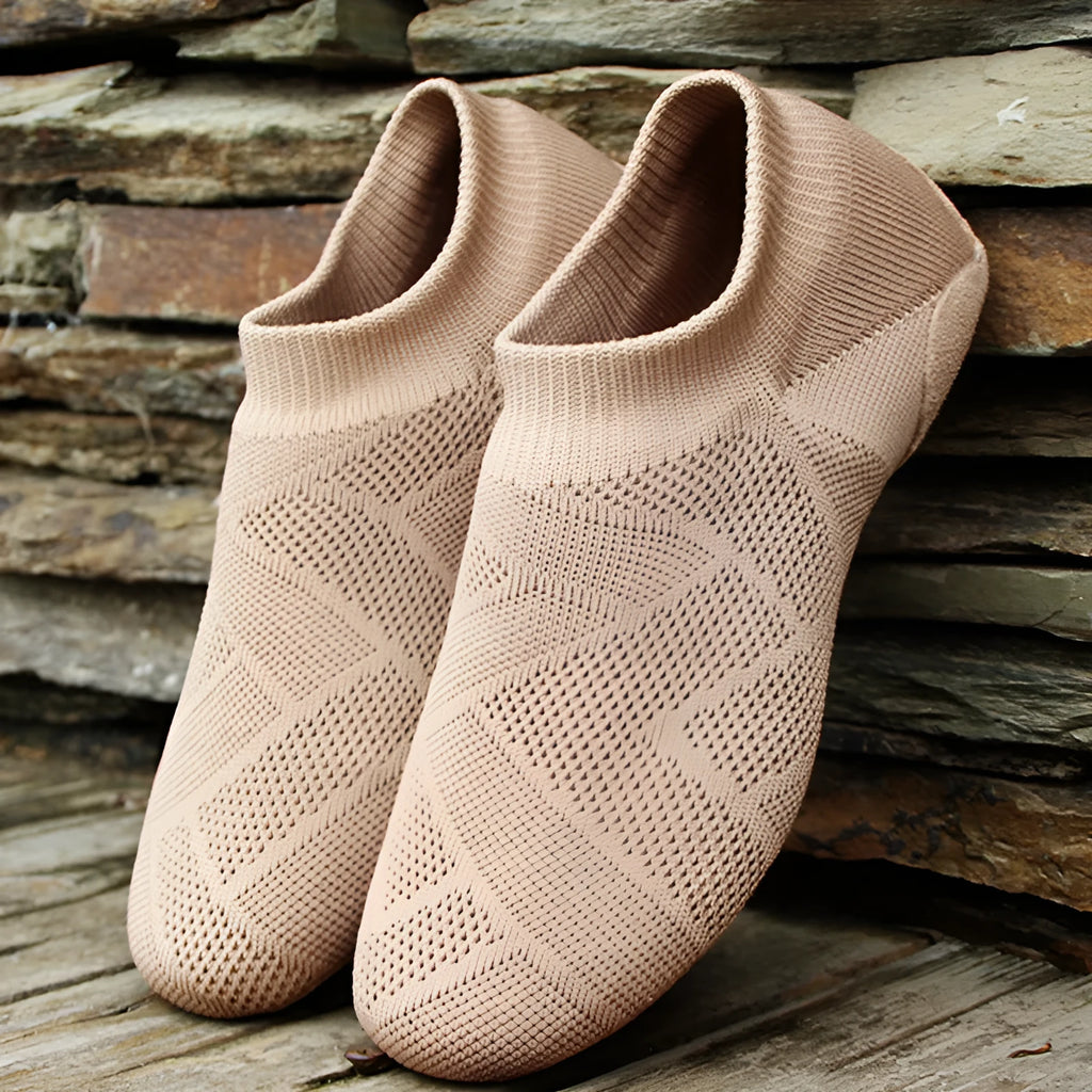 Camel coloured cotton and mesh Latin dance shoes with leather soles for contemporary yoga