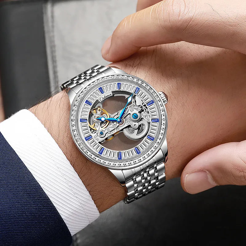 Men's luxury mechanical watch with waterproof feature showing choice of leather and steel straps in three colours