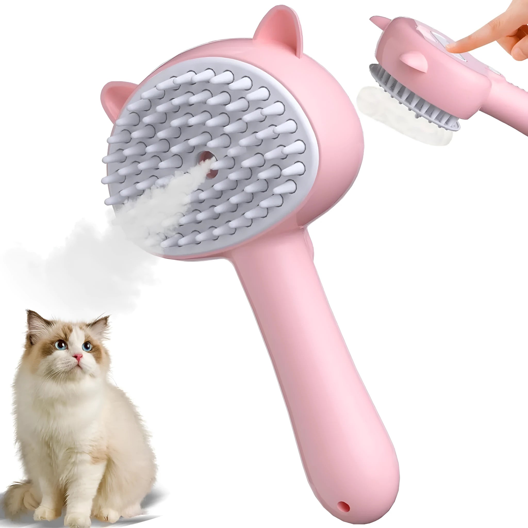Cat steam brush with ergonomic handle and release button in blue colour option