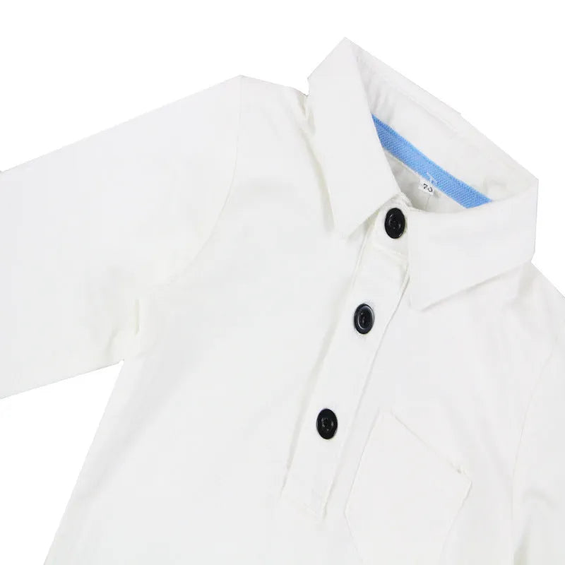 White baby cotton overalls suit with long sleeves, triangle jumpsuit, and suspenders, no hat