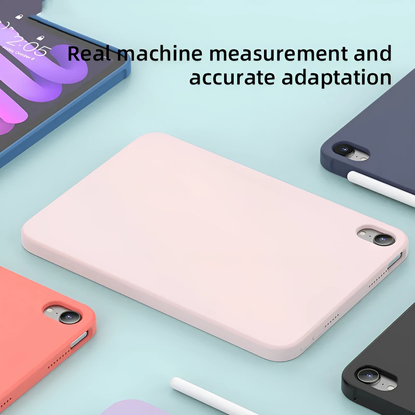 Soft liquid silicone iPad protective case in solid colours, showing back and edge coverage for various iPad models.