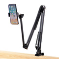 Black foldable metal desktop cantilever bracket holding tablet with adjustable arms
