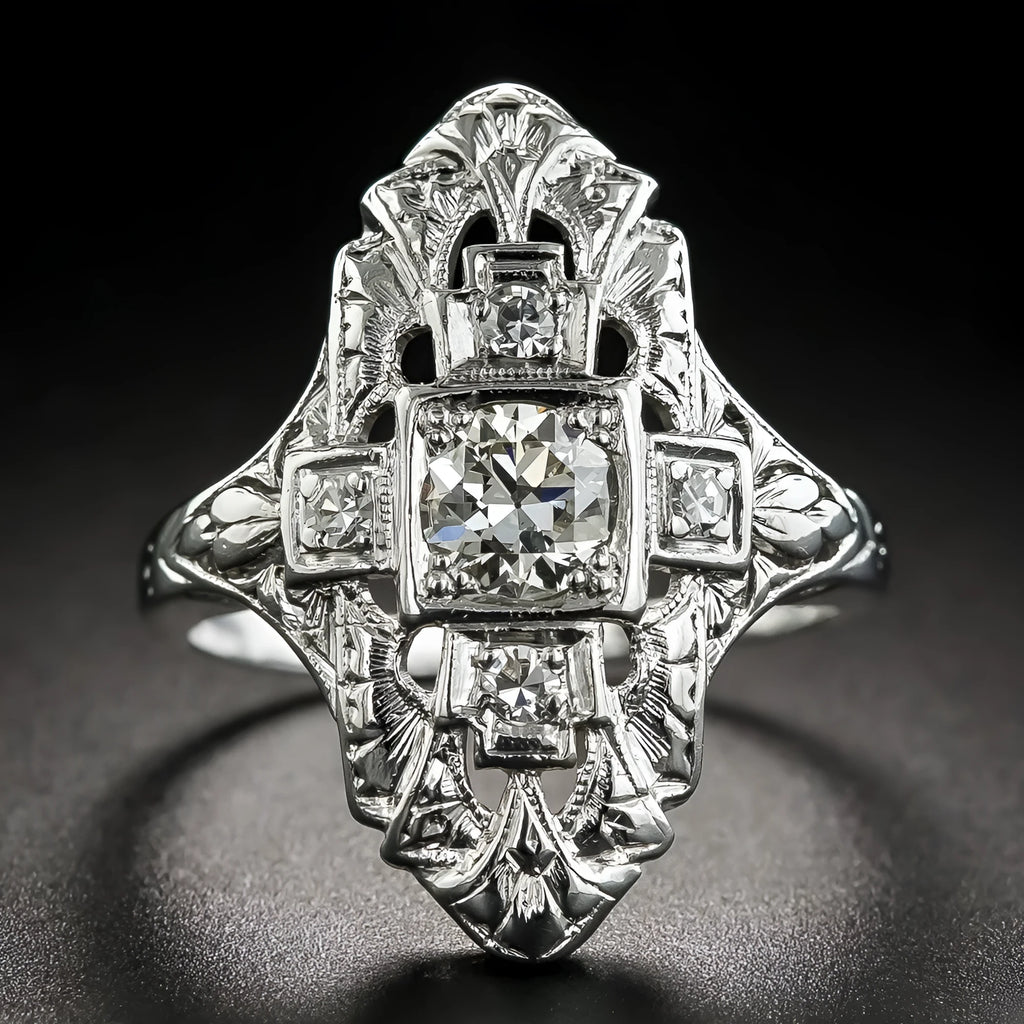 Geometric hollow out silver ring with diamond-studded details on copper construction