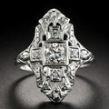 Geometric hollow out silver ring with diamond-studded details on copper construction
