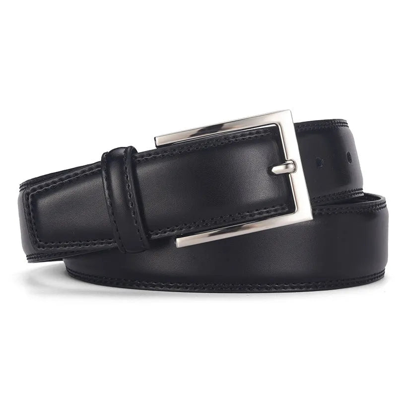 Men's leather belt with alloy pin buckle in genuine cowhide showing classic black colour option