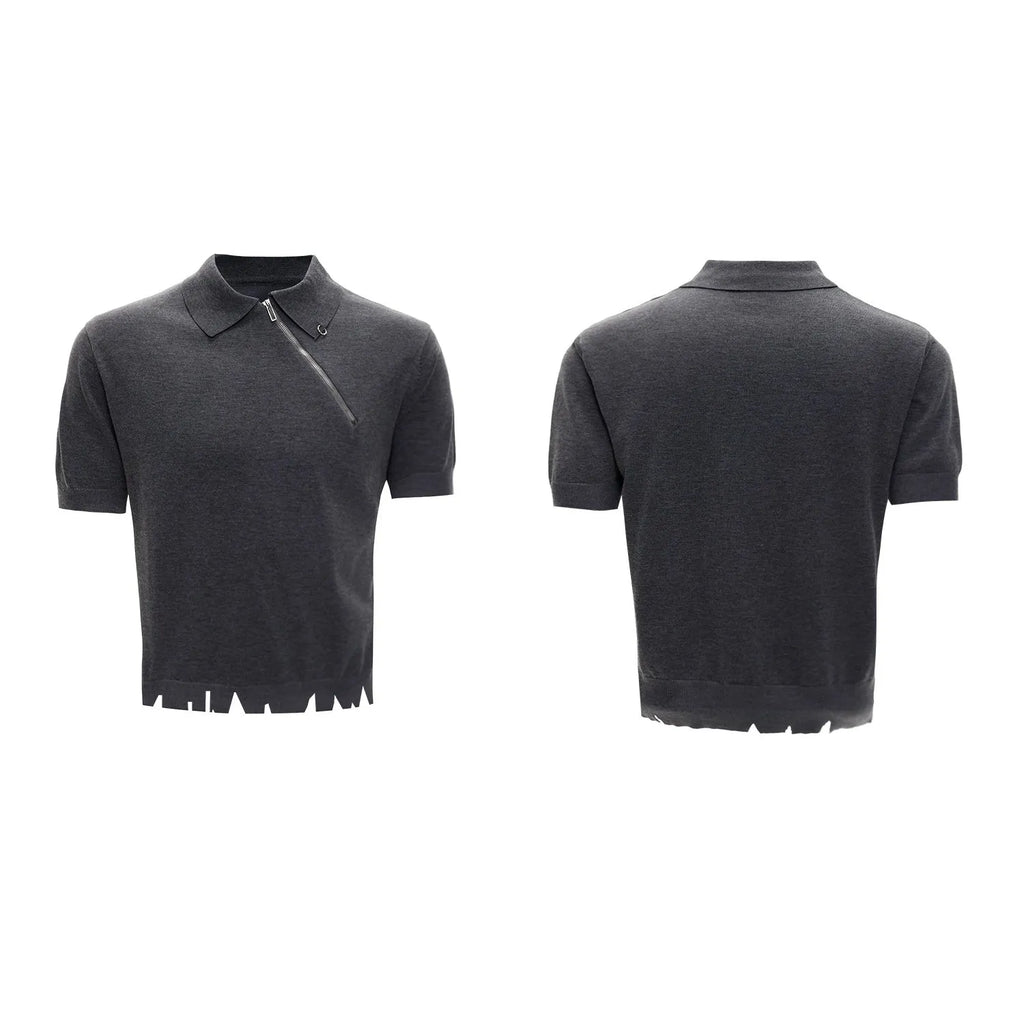 Men's slim-fit knitted polo shirt with oblique zipper in ice-feeling polyester fabric
