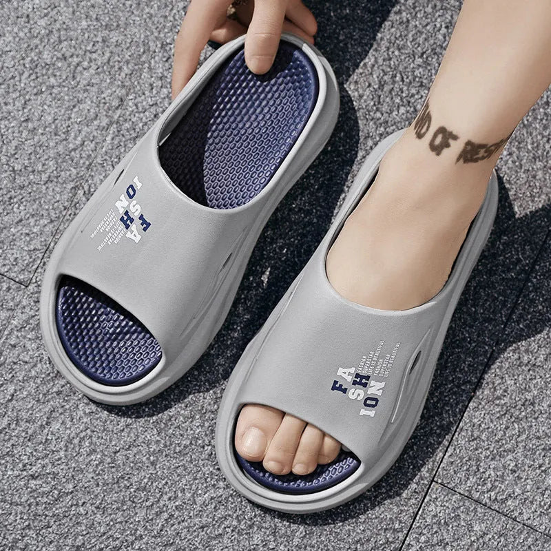 Men's colour block EVA slippers with thick soles in black, grey, or white and green colour options