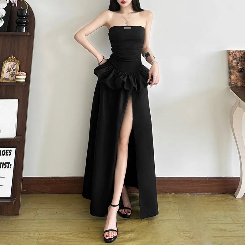 Women's solid colour high waist off-neck split A-line long dress in black, backless detail, street style