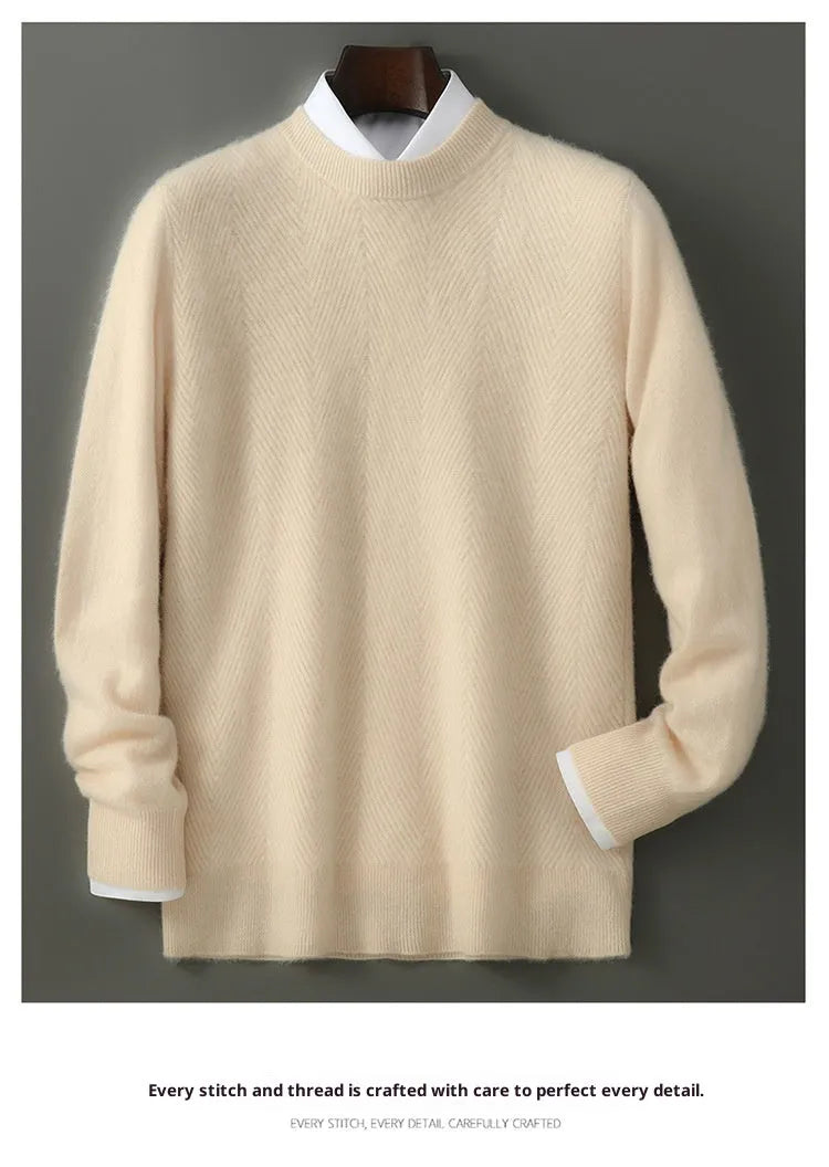 Men's round neck pullover wool knitted sweater in mild beige with long sleeves